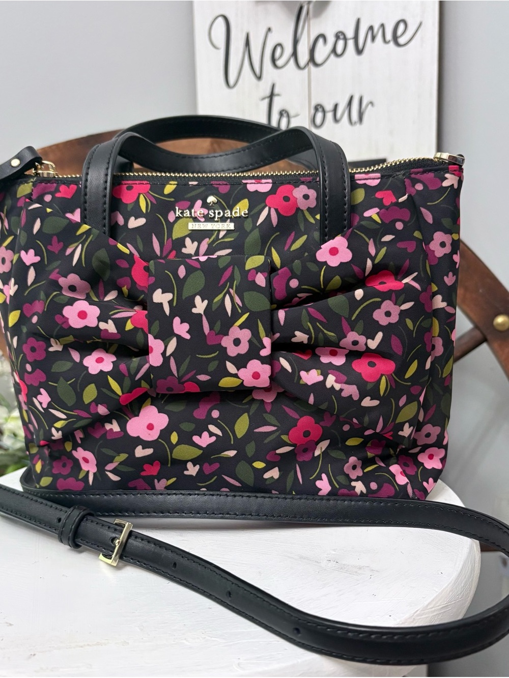 ♠️ KATE SPADE Floral Bow Tote Bag in Black/Pink/Green